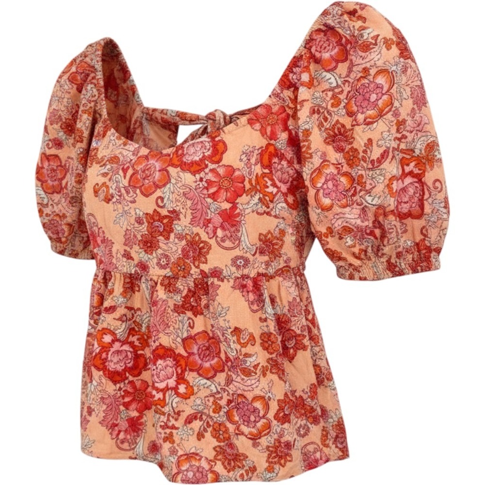THML Womens Medium Puff Sleeve Blouse Floral Open Back Peplum Cottagecore Boho